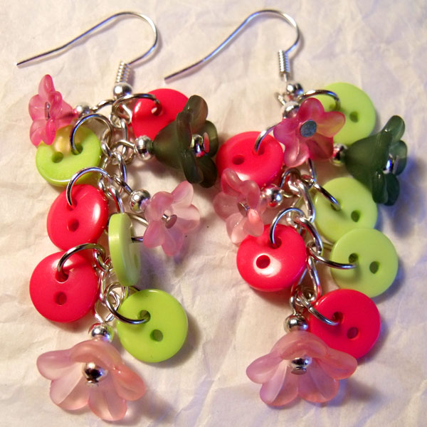 Pink & Green Flowers & Button Earrings