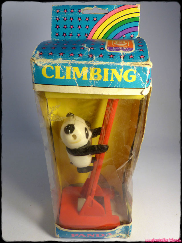 CLIMBING PANDA Windup VINTAGE TOY Red Ladder + BOX Italy (Gioca Hong Kong 1979)