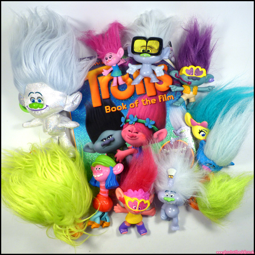 TROLLS Movie Book + GUY DIAMOND FUZZBERT POPPY Plush Clip 11x Figure Bundle