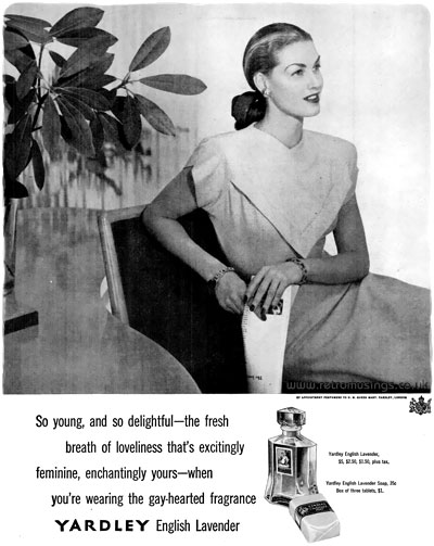 1955 Yardley English Lavender Vintage Ad, 1950's Perfume, 1950's Beauty,  1950's Fashion, Advertising Art, Vintage Perfume Ad, Retro Beauty.
