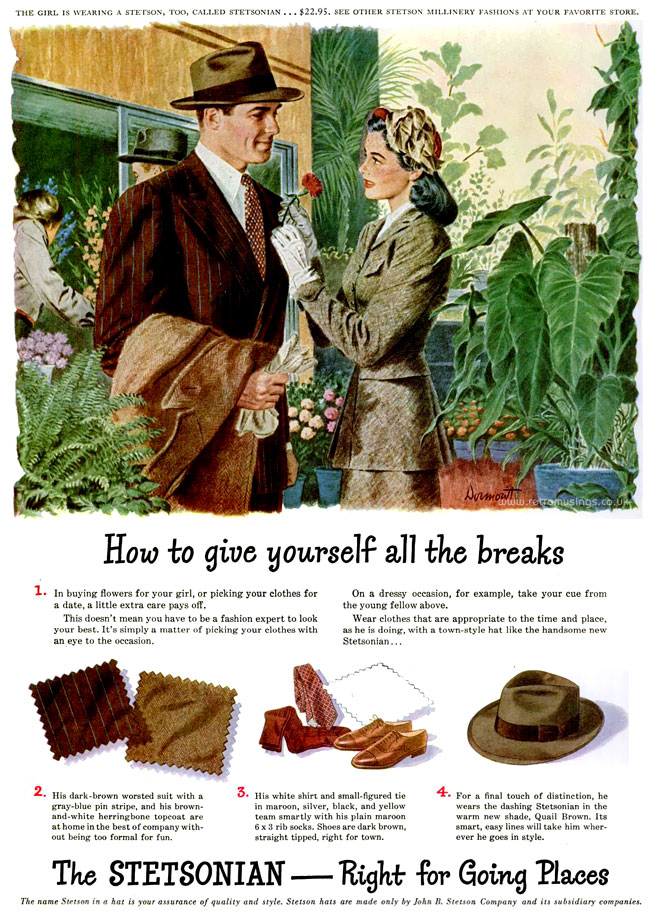 STETSON HATS FOR WOMEN, WHENEVER IT'S SPRING IT'S A STETSON 1945  ILLUSTRATED AD.